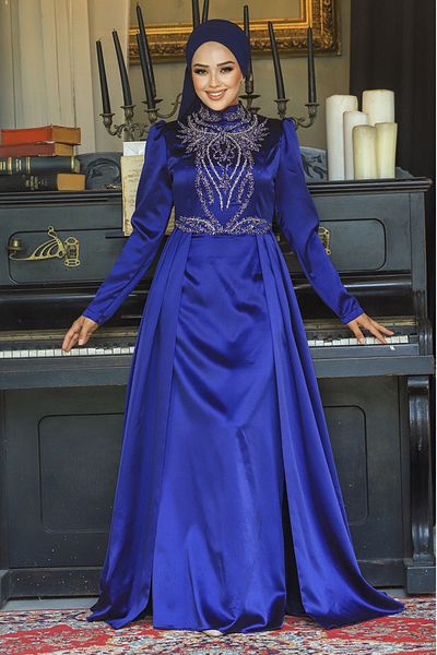 Neva Style Βραδινό φόρεμα με ουρά Navy Blue Hijab Satin 25878l