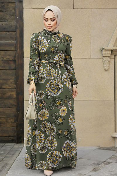 Neva Style Rochie Hijab Kaki cu Motiv Floral 279320 hk