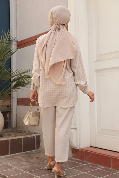 Neva Style Beige Hijab Double Set - Gingham Detailed, 12191BEIGE