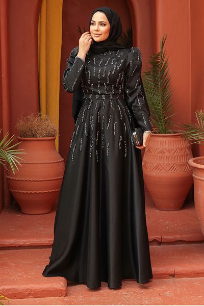 Neva Style Rochie de seară hijab neagră brodata cu margele 51891s