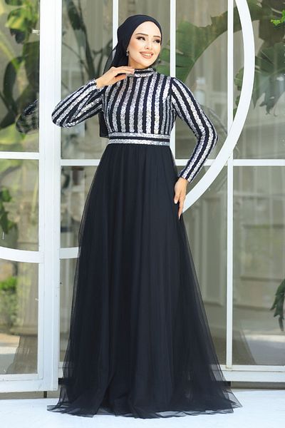 Neva Style فستان سهرة حجاب - فستان سهرة حجاب فضي مزين بالترتر 5338 جم
