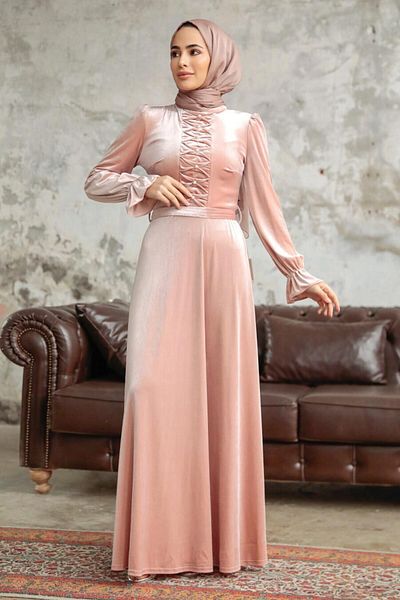 Neva Style Pearl Detailed Salmon Hijab Velvet Dress 37091Smn