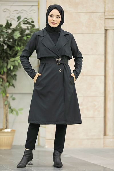 Neva Style - Trenci negru hijab cu centură cu cataramă 59371s