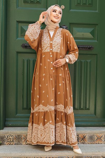 Neva Style فستان حجاب منقوش باللون البني - 51751 تيرابايت