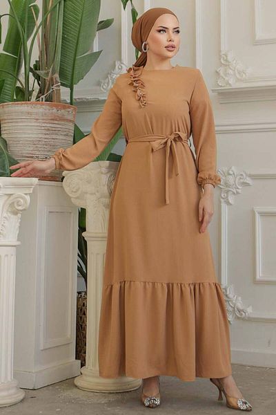 Neva Style - Rochie Hijab Biscuit cu centură 659bs