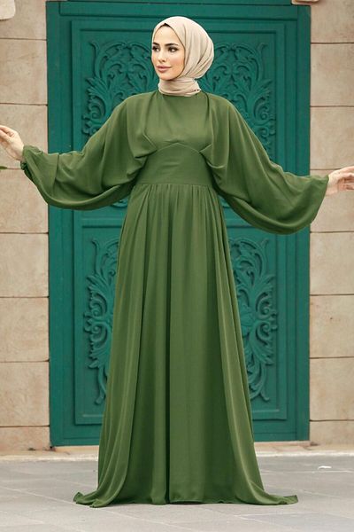 Neva Style Balloon Sleeve Khaki Hijab Evening Dress 60681Hk