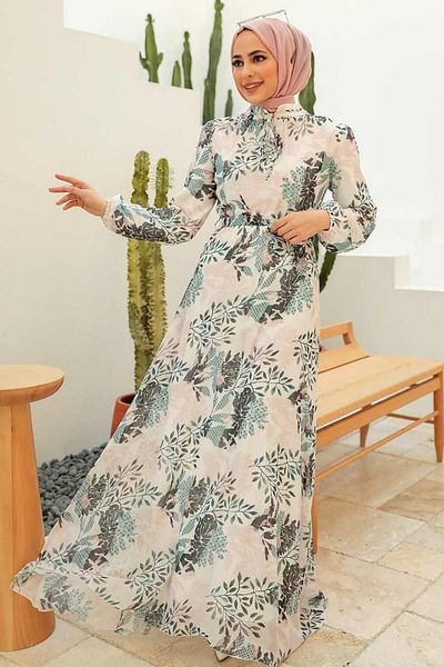 Neva Style Floral Patterned Powder Hijab Dress 279024 Pd