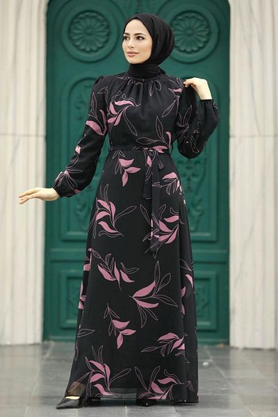 Neva Style Leaf Patterned Dusty Rose Hijab Dress 279315 Gk