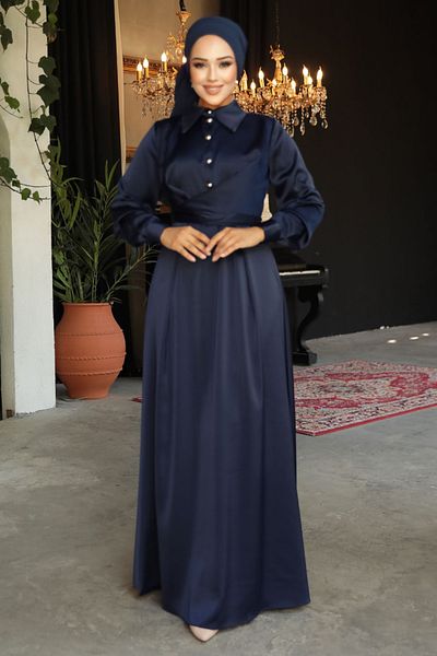 Neva Style Rochie Hijab din Satin Bleumarin - Detaliu Nasturi, Model 45661L