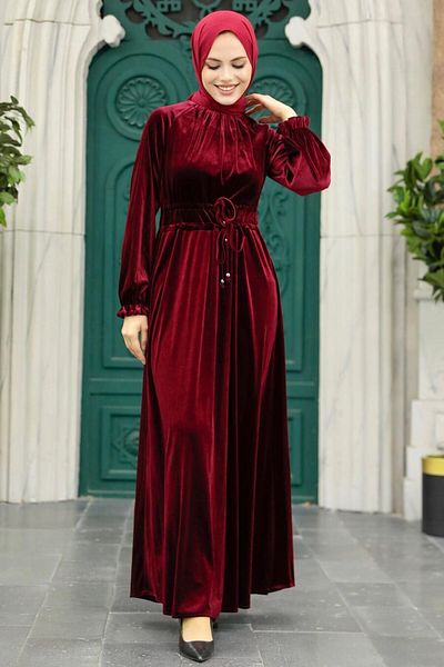 Neva Style - Rochie din catifea Hijab Burgundy 36921br