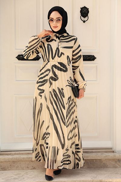 Neva Style Rochie Hijab Bej cu Motive 503502 BEJ