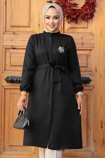 Neva Style تونيك حجاب أسود بحزام 646s