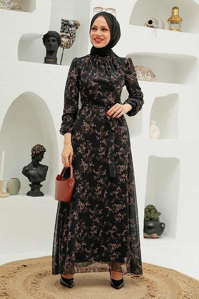Neva Style - Rochie Hijab Neagră cu Motiv Floral 27923s