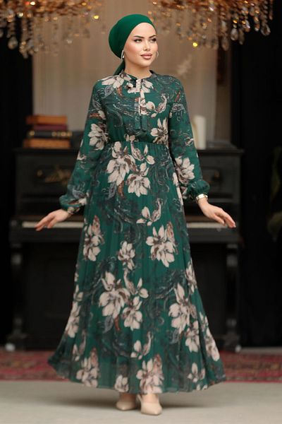 Neva Style Rochie musulmană verde smarald cu imprimeu floral 50355ZY