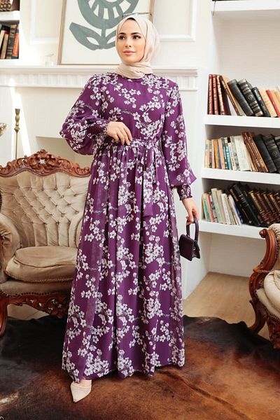 Neva Style - Rochie Hijab Mov cu Motiv Floral 56830violet
