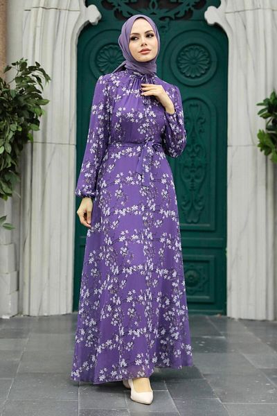 Neva Style Φόρεμα Hijab με λουλούδια λιλά 279048lıla