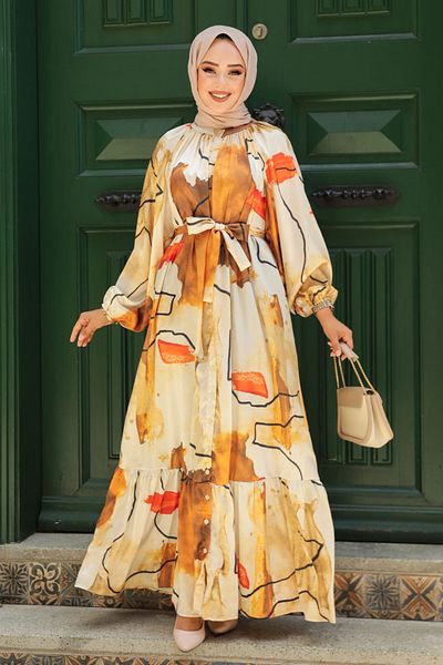 Neva Style Mustard Patterned Hijab Dress - 23156HR