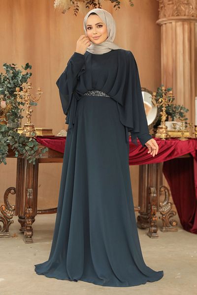 Neva Style Drape Detailed Navy Blue Hijab Evening Dress 25891L