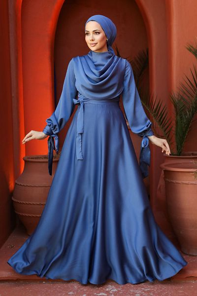 Neva Style Blue Satin Hijab Evening Dress 38031m
