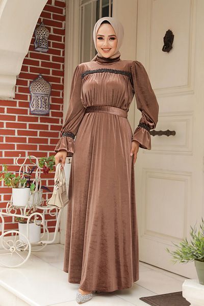 Neva Style Ζώνη Dark Mink Hijab Velvet Φόρεμα 37291kv