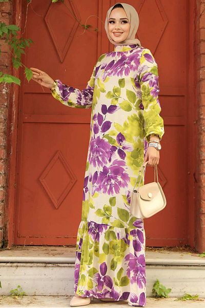 Neva Style Purple Patterned Hijab Dress - 15729PURPLE
