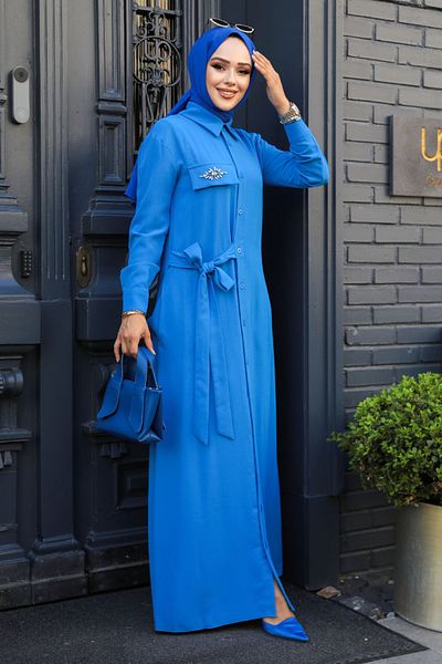Neva Style Rochie Hijab Albastră - Nasturi, 12504M