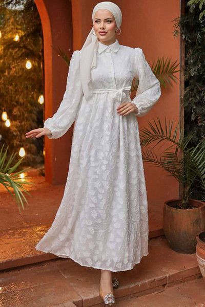 Neva Style Rochie albă cu hijab cu model 14012b