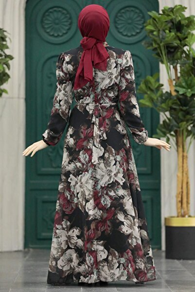 Neva Style Rochie neagră cu hijab cu modele florale 279318 s