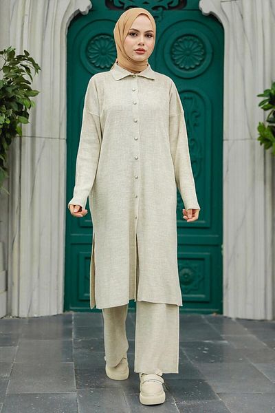 Neva Style طقم مزدوج منسوج حجاب بيج بياقة 34181bej