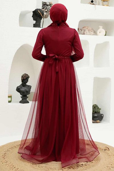 Neva Style Rochie de seara Hijab - Rochie de seara Hijab Rosie Claret cu Detaliu Perla 56641br