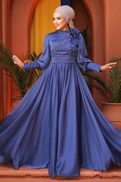 Neva Style Floral Detailed Sax Blue Hijab Evening Dress 21960Sx