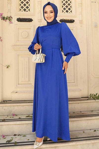 Neva Style Balloon Sleeve Sax Blue Hijab Σατέν Βραδινό Φόρεμα 61031sx
