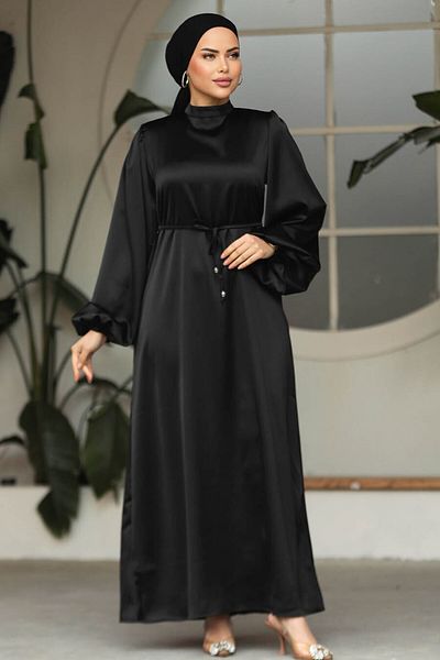 Neva Style Μαύρο Φόρεμα Hijab με μπαλόνι μανίκι 30371s