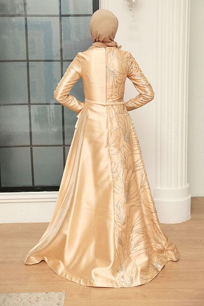 Neva Style Βραδινό φόρεμα Hijab με ασημί σχέδιο μπεζ 373μπεζ