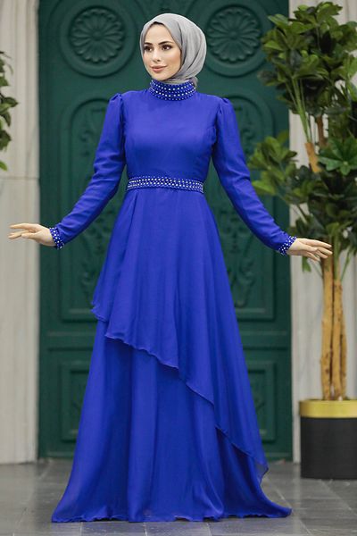 Neva Style Pearl Detailed Sax Blue Hijab Evening Dress 22223Sx