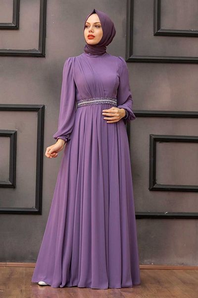 Neva Style Rochie de seara cu hijab - Rochie de seara musulmana liliac cu maneca balon 22040lila