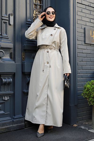 Neva Style Μπεζ κουμπιά Hijab Trench Coat - 684BEJ