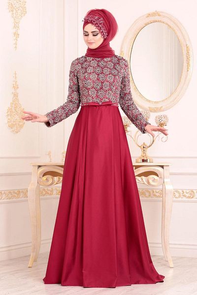 Neva Style Lace Detailed Red Hijab Evening Dress 1937K