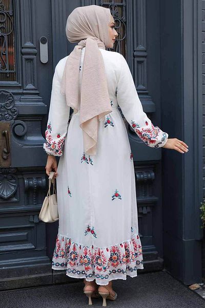 Neva Style فستان حجاب أبيض منقوش بالزهور 23231B