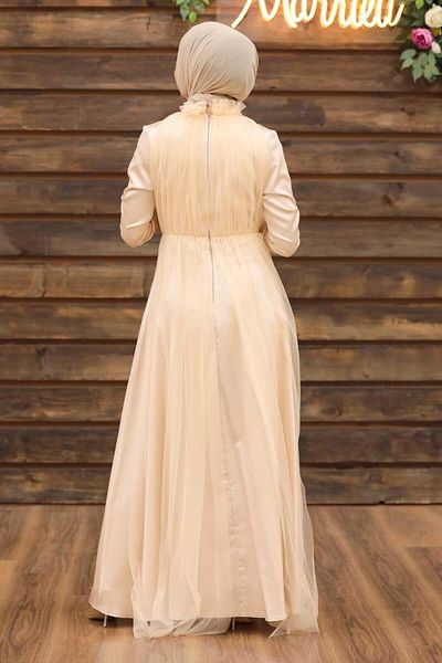 Neva Style Salmon Hijab Evening Dress with Bead Detail 2203Smn