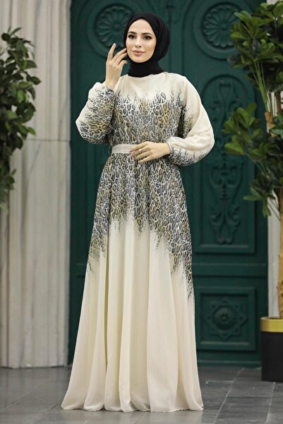 Neva Style Floral Patterned Cream Hijab Dress 39821Kr