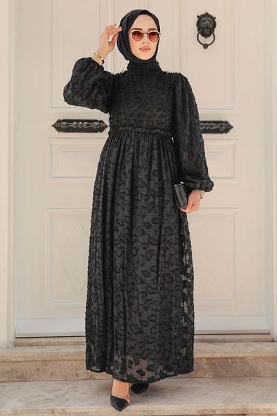 Neva Style - فستان حجاب أسود منقوش 1388s