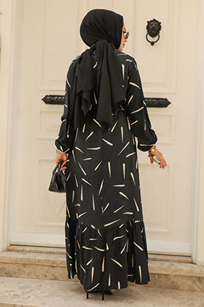 Neva Style Desenli Siyah Tesettür Viskon Elbise 23431S