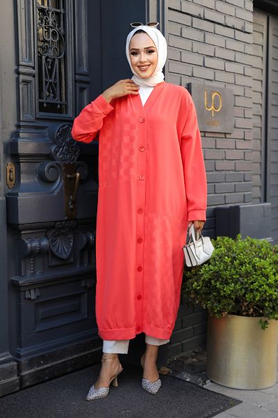 Neva Style Șapcă Hijab cu nasturi de culoare Coral - 15161MR