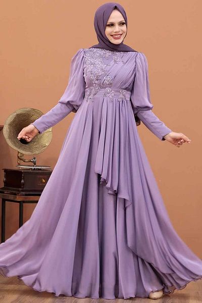 Neva Style Rochie de seară Lilac Hijab detaliată cu perle 21930lıla