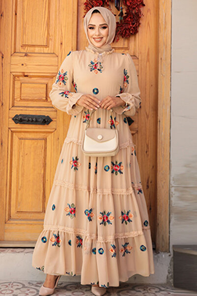 Neva Style Beige Hijab Dress - Embroidery Pattern, Model 45541BEIGE