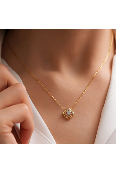 Akar Jewellery Büyük Taşlı Altın Kaplama Yonca Kolye
