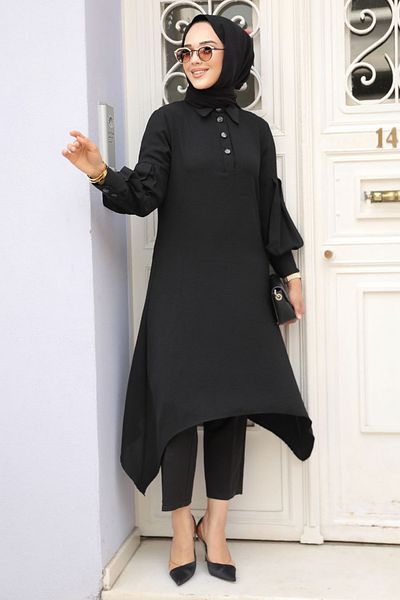 Neva Style Tunica neagră hijab cu detaliu asimetric 615s