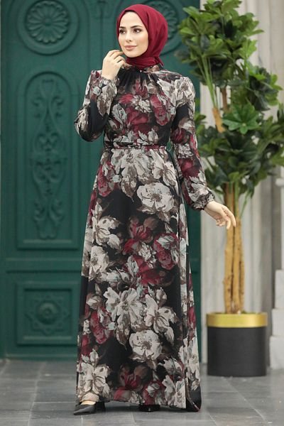Neva Style - Rochie neagră cu hijab cu modele florale 279318s