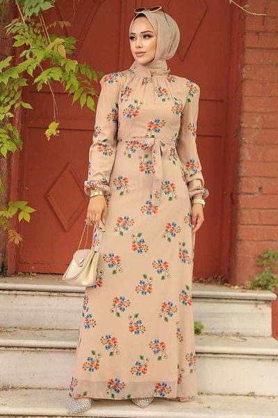 Neva Style - Rochie Hijab Bej cu Motiv Floral 27935bej